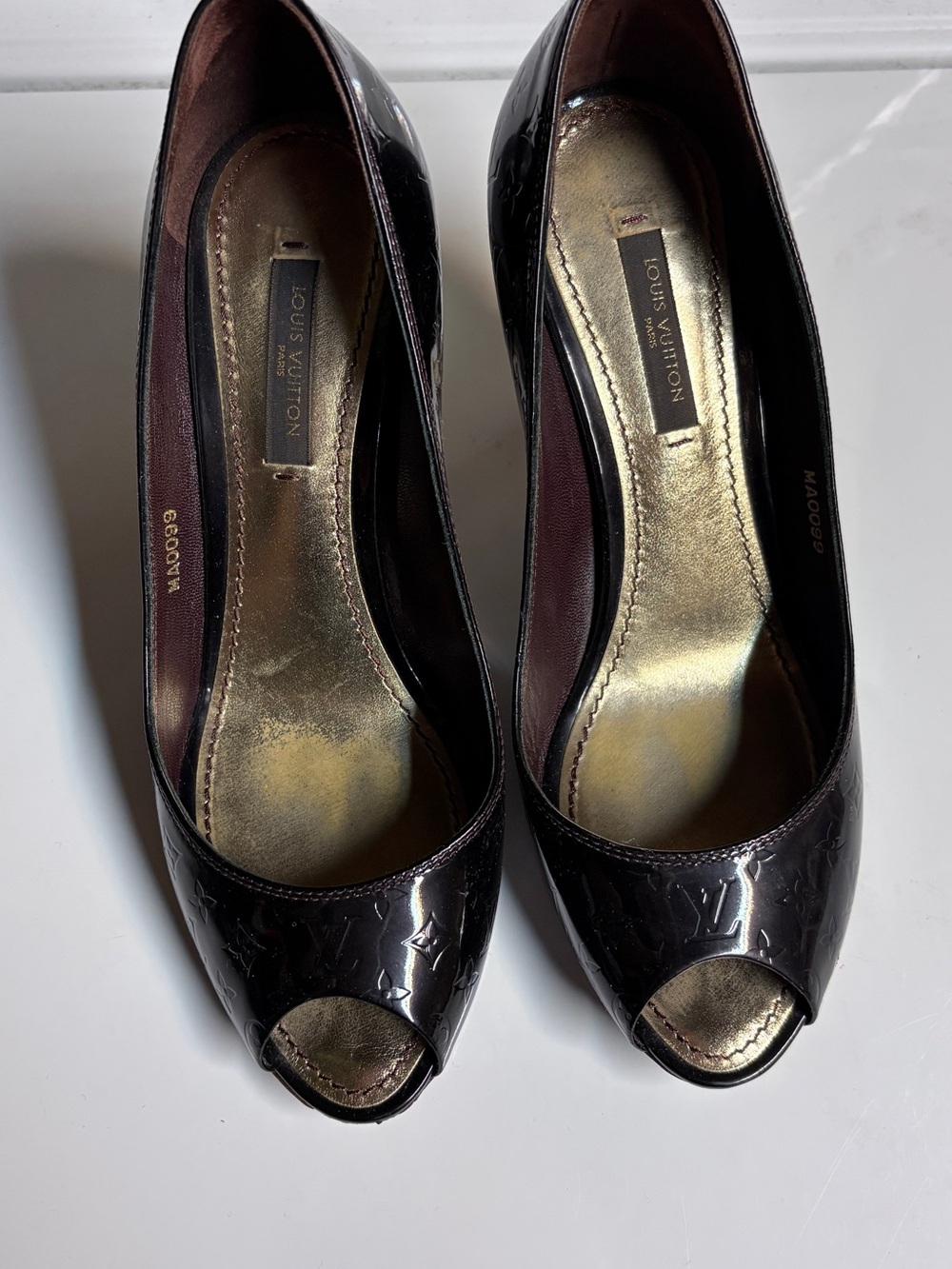 Louis Vuitton Women's Black Patent Monogram Peep-Toe Pumps Size 35.5 or 36